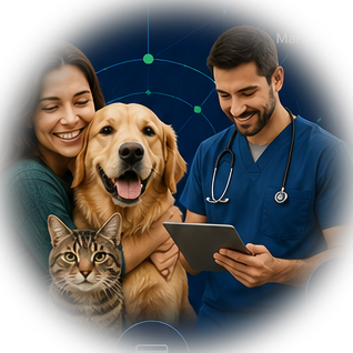 Tutores, veterinário, cão e gato conectados pela PetTerra